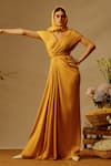 Buy_Aroka_Yellow Modal Satin V-neck Golden Glow Criss Cross Pleated Dress 