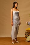 Aroka_Blue Modal Satin Cowl Neck Iris Draped Slit Dress _Online_at_Aza_Fashions