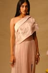 Shop_Aroka_Pink Vegan Mashru Embroidery Peony One Shoulder Crop Top_Online_at_Aza_Fashions