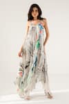 Buy_REENA SHARMA_Off White Viscose Crinkled Chiffon Printed Advika Asymmetric Maxi Dress _at_Aza_Fashions