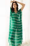 Buy_REENA SHARMA_Emerald Green Viscose Crinkled Chiffon Printed Abstract Advika Striped Kaftan _Online_at_Aza_Fashions