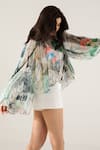 REENA SHARMA_Off White Viscose Crinkled Chiffon Printed Abstract Tie-up Neck Advika Top _Online_at_Aza_Fashions