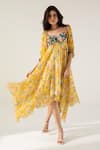 Buy_REENA SHARMA_Yellow Viscose Crinkled Chiffon Printed Botanical Bella Asymmetric Midi Dress _at_Aza_Fashions