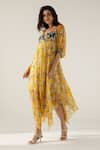 REENA SHARMA_Yellow Viscose Crinkled Chiffon Printed Botanical Bella Asymmetric Midi Dress _Online_at_Aza_Fashions