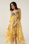 Buy_REENA SHARMA_Yellow Viscose Crinkled Chiffon Printed Botanical Bella Asymmetric Midi Dress _Online_at_Aza_Fashions