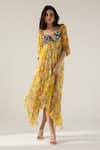 Shop_REENA SHARMA_Yellow Viscose Crinkled Chiffon Printed Botanical Bella Asymmetric Midi Dress _Online_at_Aza_Fashions