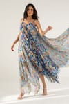 Shop_REENA SHARMA_Blue Viscose Crinkled Chiffon Printed Botanical Bella Asymmetric Maxi Dress_Online_at_Aza_Fashions