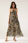 Buy_REENA SHARMA_Black Viscose Crinkled Chiffon Printed Botanical Halter Bella Maxi Dress _at_Aza_Fashions