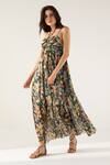 REENA SHARMA_Black Viscose Crinkled Chiffon Printed Botanical Halter Bella Maxi Dress _Online_at_Aza_Fashions