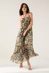 Buy_REENA SHARMA_Black Viscose Crinkled Chiffon Printed Botanical Halter Bella Maxi Dress _Online_at_Aza_Fashions