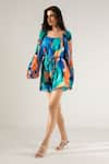 REENA SHARMA_Blue Viscose Crinkled Chiffon Printed Abstract Round Mira Short Dress _Online_at_Aza_Fashions