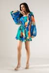 Buy_REENA SHARMA_Blue Viscose Crinkled Chiffon Printed Abstract Round Mira Short Dress _Online_at_Aza_Fashions