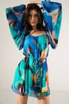 Shop_REENA SHARMA_Blue Viscose Crinkled Chiffon Printed Abstract Round Mira Short Dress _Online_at_Aza_Fashions