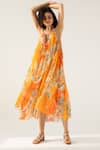 Buy_REENA SHARMA_Orange Viscose Crinkled Chiffon Printed Floral Round Vaani Midi Dress _at_Aza_Fashions