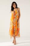 REENA SHARMA_Orange Viscose Crinkled Chiffon Printed Floral Round Vaani Midi Dress _at_Aza_Fashions