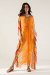 Buy_REENA SHARMA_Orange Viscose Crinkled Chiffon Printed Floral V Neck Vaani Kaftan _at_Aza_Fashions