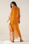 Shop_REENA SHARMA_Orange Viscose Crinkled Chiffon Printed Floral V Neck Vaani Kaftan _at_Aza_Fashions