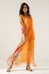 REENA SHARMA_Orange Viscose Crinkled Chiffon Printed Floral V Neck Vaani Kaftan _Online_at_Aza_Fashions