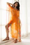 Shop_REENA SHARMA_Orange Viscose Crinkled Chiffon Printed Floral V Neck Vaani Kaftan _Online_at_Aza_Fashions