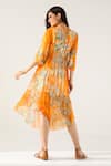 Shop_REENA SHARMA_Orange Viscose Crinkled Chiffon Printed Floral V Neck Vaani Pattern Midi Dress _at_Aza_Fashions