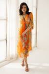 REENA SHARMA_Orange Viscose Crinkled Chiffon Printed Floral V Neck Vaani Pattern Midi Dress _Online_at_Aza_Fashions