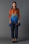 Buy_Clos_Blue Dupion Silk Print Ombre Mandarin Collar High-low Tunic With Pant_at_Aza_Fashions