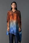 Clos_Blue Dupion Silk Print Ombre V-neck Assymetric Longline Cut Kurta With Pant_at_Aza_Fashions