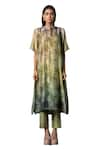 Buy_Clos_Green Dupion Silk Print Floral Round High-low Kurta With Pant _Online_at_Aza_Fashions