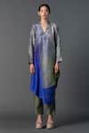 Buy_Clos_Grey Dupion Silk Print Ombre Lapel Assymetric Pleated Shirt Tunic With Pant_at_Aza_Fashions