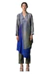 Shop_Clos_Grey Dupion Silk Print Ombre Lapel Assymetric Pleated Shirt Tunic With Pant_Online_at_Aza_Fashions