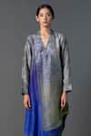 Clos_Grey Dupion Silk Print Ombre Lapel Assymetric Pleated Shirt Tunic With Pant_at_Aza_Fashions