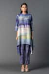 Buy_Clos_Purple Dupion Silk Printed Abstract Mandarin Asymmetric Kurta With Pant_at_Aza_Fashions