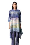 Buy_Clos_Purple Dupion Silk Printed Abstract Mandarin Asymmetric Kurta With Pant