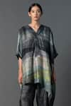 Clos_Grey Dupion Silk Printed Abstract V-neck Kaftan Tunic With Pant _Online_at_Aza_Fashions