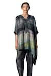 Shop_Clos_Grey Dupion Silk Printed Abstract V-neck Kaftan Tunic With Pant _Online_at_Aza_Fashions