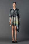 Buy_Clos_Grey Dupion Silk Printed Abstract V-neck Kaftan Dress_at_Aza_Fashions