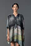 Shop_Clos_Grey Dupion Silk Printed Abstract V-neck Kaftan Dress_Online_at_Aza_Fashions