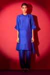 Shop_Clos_Blue Dupion Silk Solid Mandarin Asymmetric Kaftan Tunic With Pant _Online_at_Aza_Fashions