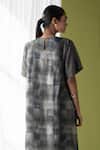 Shop_Clos_Grey Dupion Silk Printed Geometric Floral Round Boxy Dress_at_Aza_Fashions