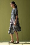 Shop_Clos_Grey Dupion Silk Printed Geometric Floral Round Boxy Dress_Online_at_Aza_Fashions