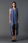 Buy_Clos_Blue Dupion Silk Printed Geometric V-neck Asymmetric Vogue Tulip-cut Dress_at_Aza_Fashions