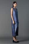 Clos_Blue Dupion Silk Printed Geometric V-neck Asymmetric Vogue Tulip-cut Dress_Online_at_Aza_Fashions