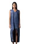 Shop_Clos_Blue Dupion Silk Printed Geometric V-neck Asymmetric Vogue Tulip-cut Dress_Online_at_Aza_Fashions