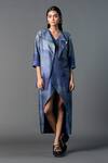 Buy_Clos_Blue Dupion Silk Printed Geometric Asymmetric Tulip-cut Dress With Crop Jacket_at_Aza_Fashions