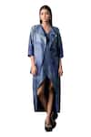 Shop_Clos_Blue Dupion Silk Printed Geometric Asymmetric Tulip-cut Dress With Crop Jacket_Online_at_Aza_Fashions