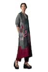 Clos_Grey Dupion Silk Printed Abstract V-neck A-line Embroidered Kurta With Pant _Online_at_Aza_Fashions