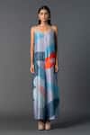 Buy_Clos_Blue Dupion Silk Printed Geometric Floral V-neck Jumpsuit_at_Aza_Fashions