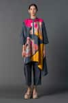 Buy_Clos_Grey Dupion Silk Printed Abstract Mandarin Asymmetric Kurta With Pant _at_Aza_Fashions