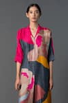 Shop_Clos_Grey Dupion Silk Printed Abstract V-neck A-line Kurta With Pant _Online_at_Aza_Fashions