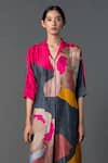 Shop_Clos_Grey Dupion Silk Printed Abstract V-neck A-line Kurta_Online_at_Aza_Fashions